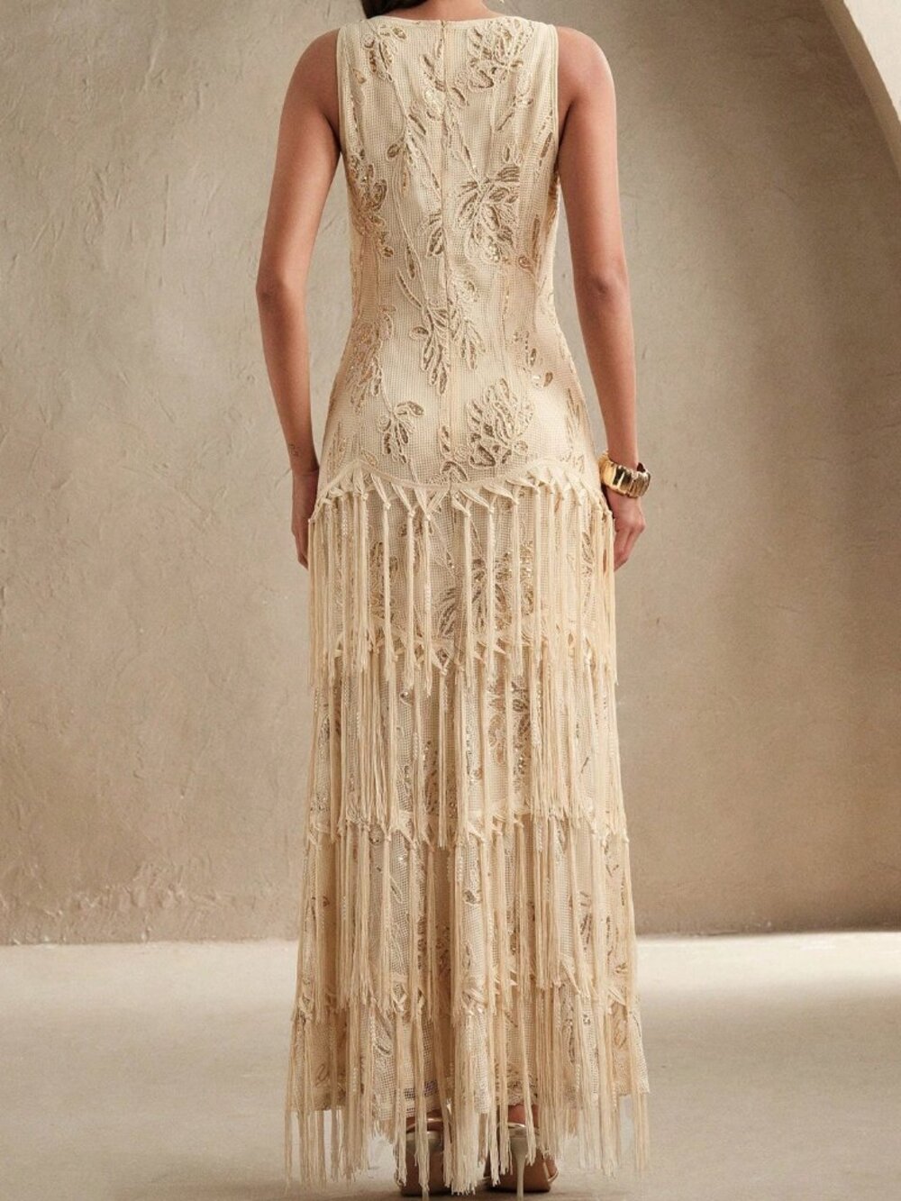 Apricot Elegant Women's Embroidered Tassel Textured Sequin Detail Maxi Dress - Picture 2 of 5
